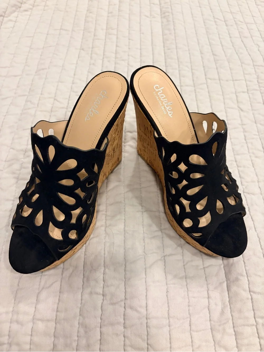 Charles David Black Cutout Cork Wedge Mules 8